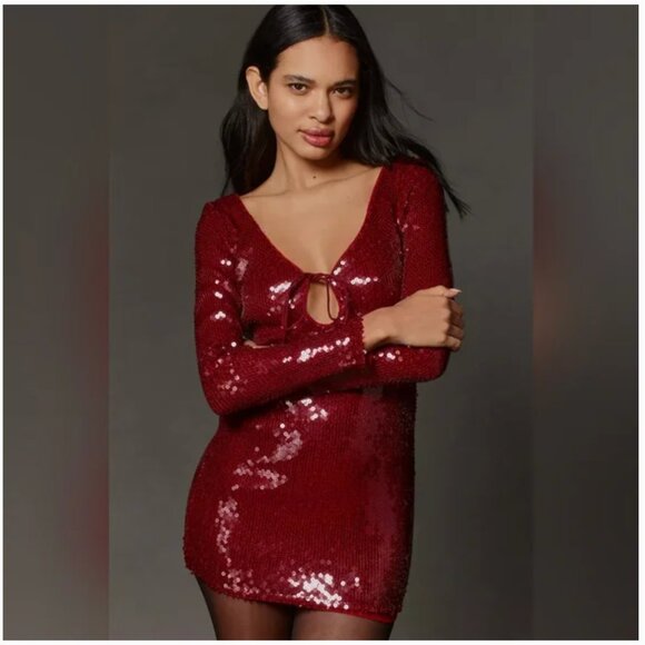NWT Anthropologie | Bardot | Red Verona Long-Sleeve V-Neck Sequin Mini Dress, 10 - Picture 1 of 14